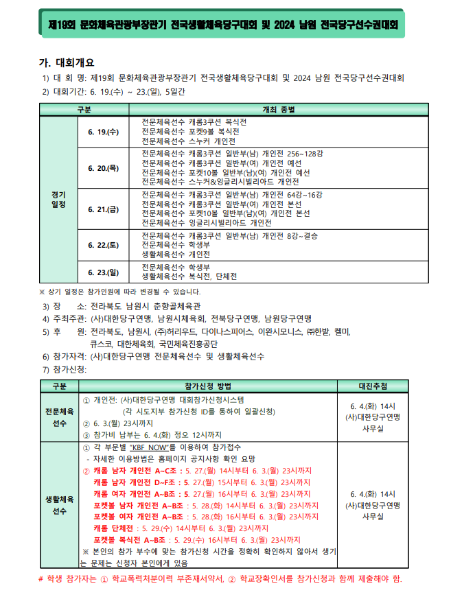 2024 남원 전국당구선수권대회 대회일정 우승 상금