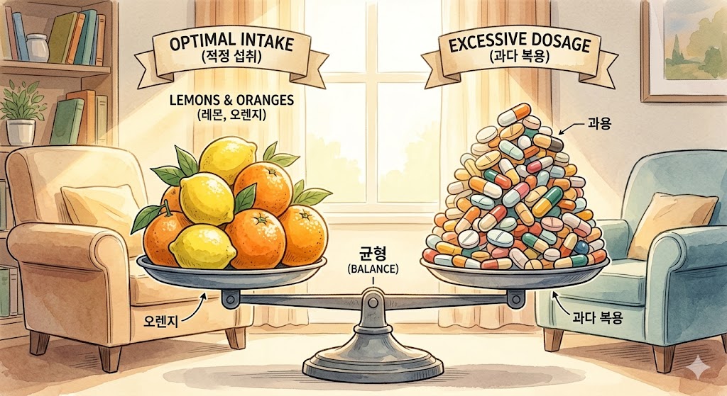 A conceptual illustration comparing healthy daily vitamin C intake from fruits with an excessive pile of supplement pills on a balance scale