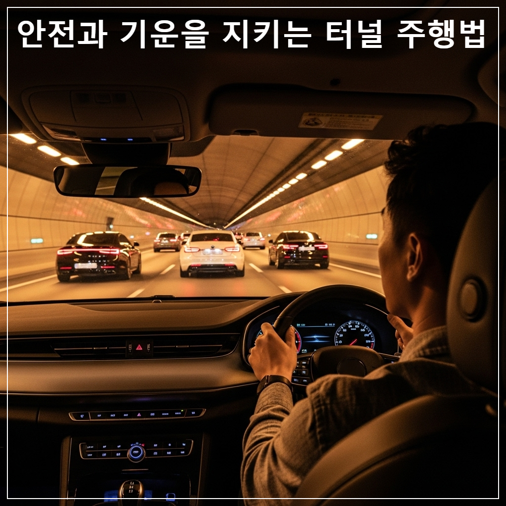 어두운 고속도로 터널 안에서 주황빛 조명을 받으며 일직선으로 정렬되어 달리는 자동차들의 모습과, 그 사이에서 집중하여 운전하고 있는 성공한 분위기의 한국인 남성 이미지