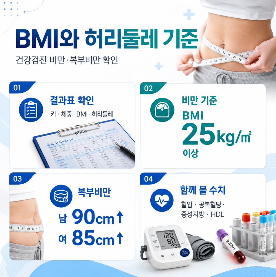 BMI와 허리둘레 기준을 설명하는 건강검진 인포그래픽으로, 허리 측정 장면과 BMI 25kg/㎡ 이상, 남성 90cm·여성 85cm 기준, 혈압·공복혈당·중성지방·HDL 확인 항목을 함께 보여주는 이미지