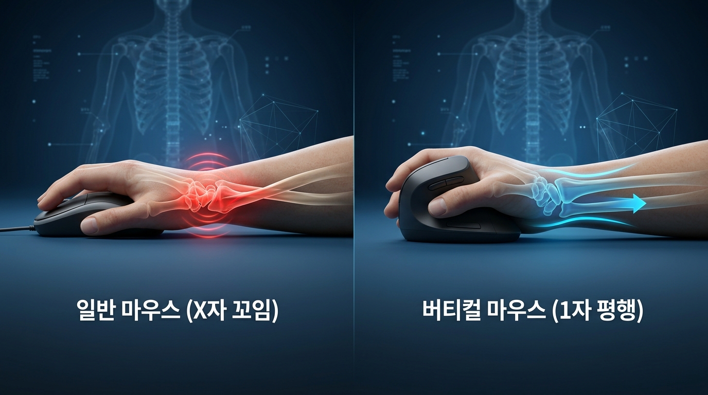 손바닥을 바닥에 붙여 쥘 때 팔뚝 뼈가 X자로 꼬이며 손목 터널을 압박하는 일반 마우스의 위험성(왼쪽)과 손목 각도를 회전시켜 1자 평행 상태로 수근관 압력을 낮추고 인대 통증을 예방하는 버티컬 마우스의 과학적 효과(오른쪽)를 비교하여 설명하는 정형외과 의학 일러스트레이션.