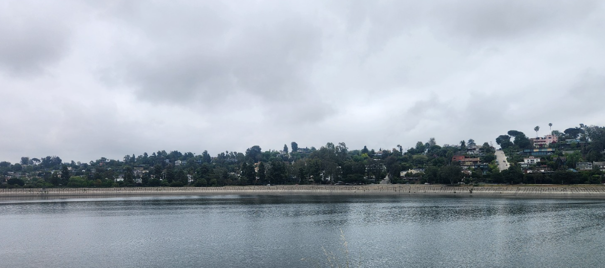 "실버레이크 저수지 전경 &ndash; 흐린 날씨 아래 언덕 위 주택들과 고요한 물가의 풍경" 사진