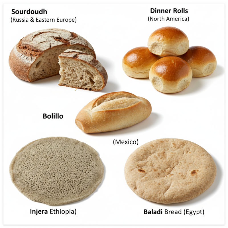 사워도우, 디너롤, 볼리요, 인제라, 발라디를 담은 전 세계 빵 콜라주 이미지