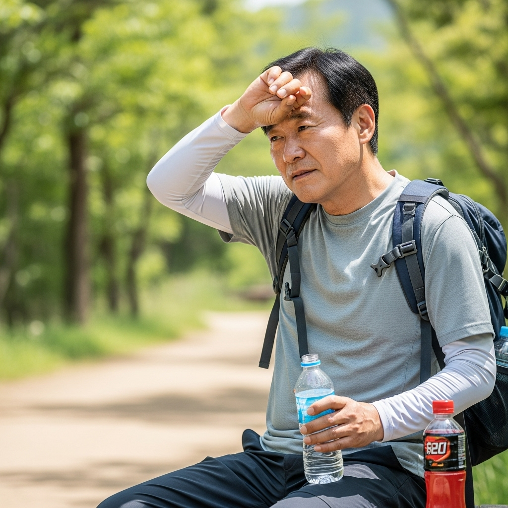 한 50대 한국인 남성이 여름 야외에서 땀을 닦으며, 물을 마실지 이온음료를 마실지 고민하는 모습