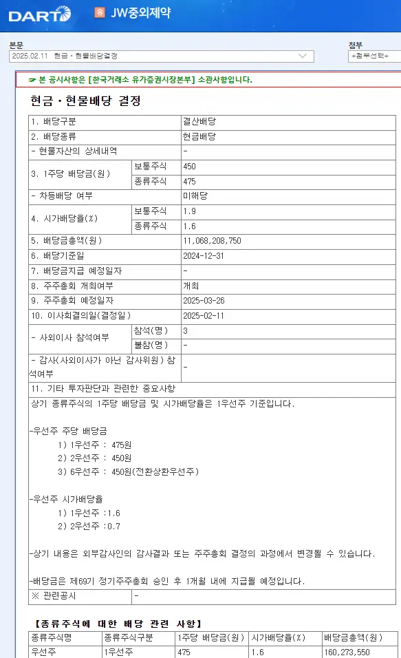 JW중외제약(001060) 2025년 배당일