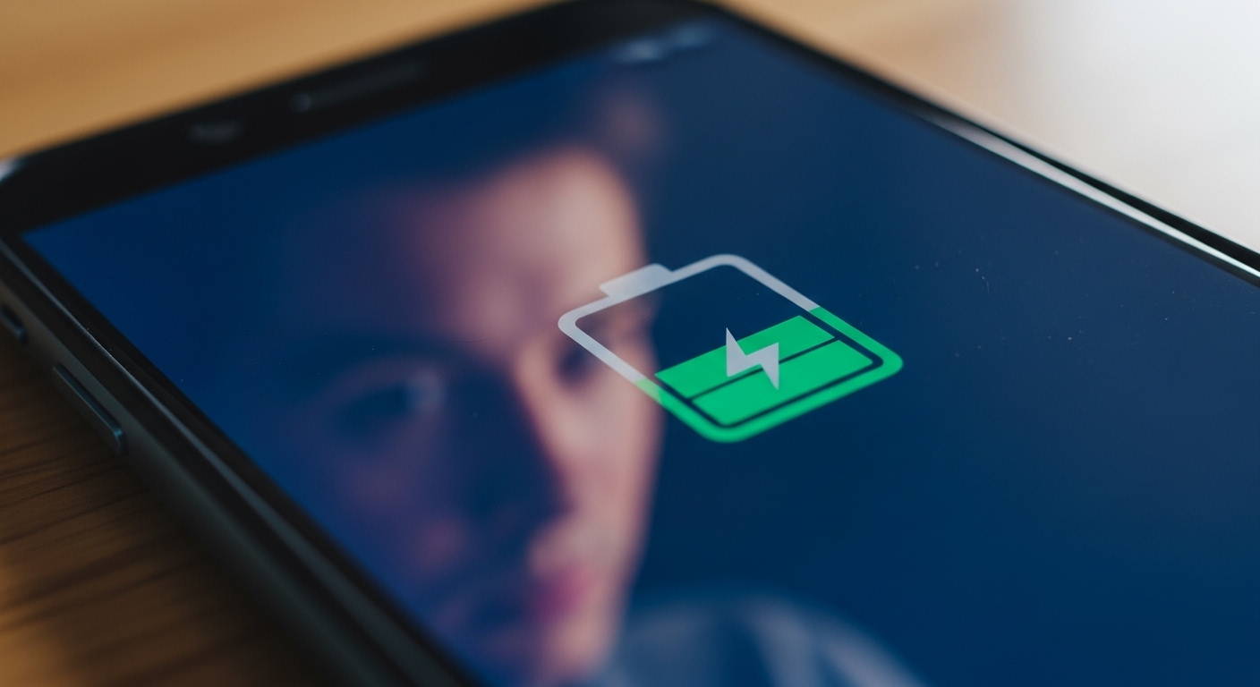 배터리 부족 경고 아이콘이 떠 있는 스마트폰 화면과 그 위로 비친 사용자의 걱정스러운 얼굴.