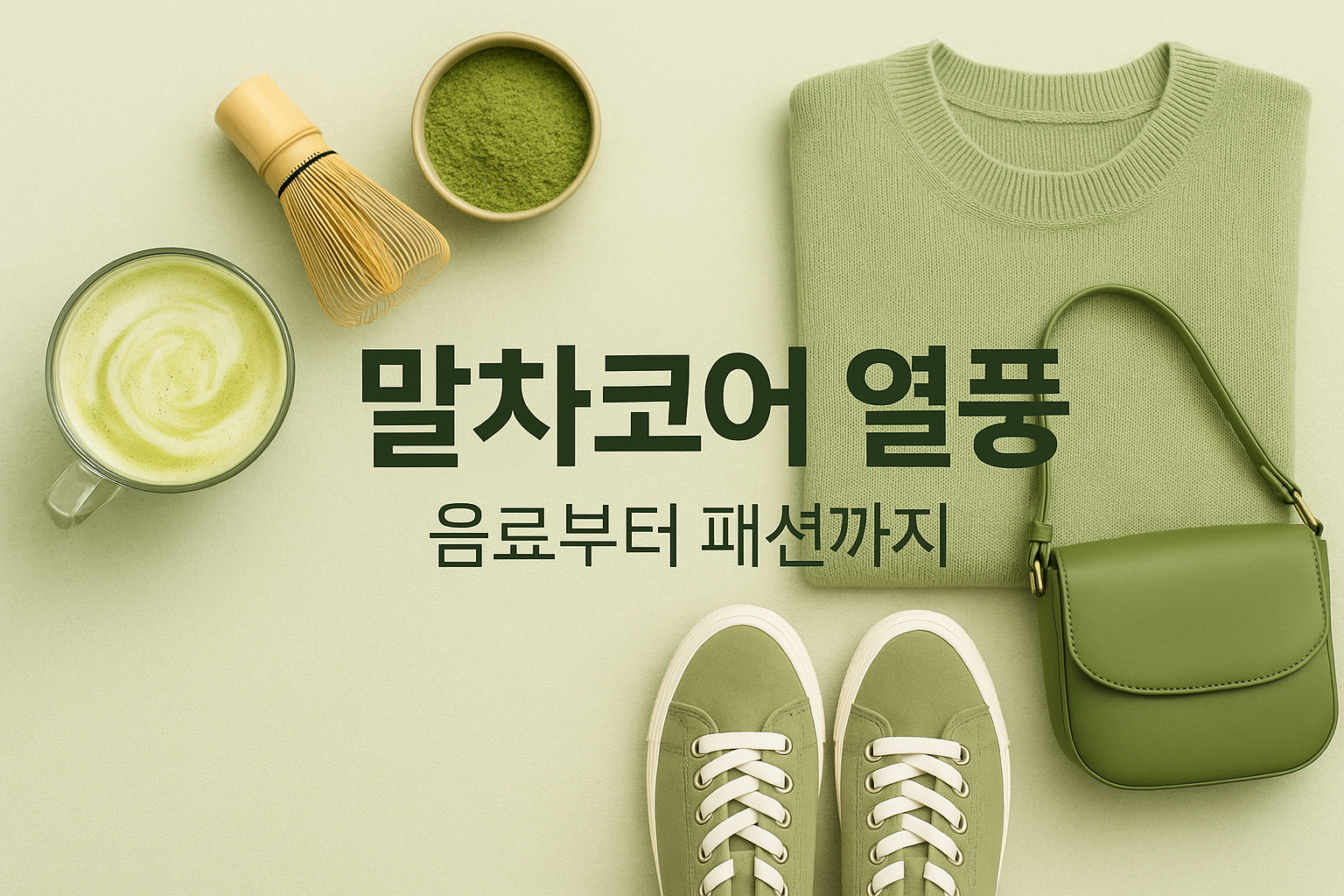 말차 라테와 대나무 거품기, 말차 가루 그릇이 놓인 왼쪽과, 오른쪽의 딥그린 니트·미니 크로스백·스니커즈가 어울린 상단 배치. 중앙에는 굵은 한글로 “말차코어 열풍 — 음료부터 패션까지” 문구가 적힌 1200×630 썸네일.