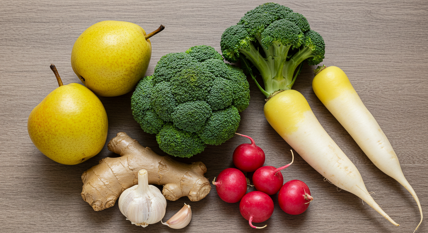 가래에 좋은 음식, 배, 브로콜리, 생강, 마늘, 무