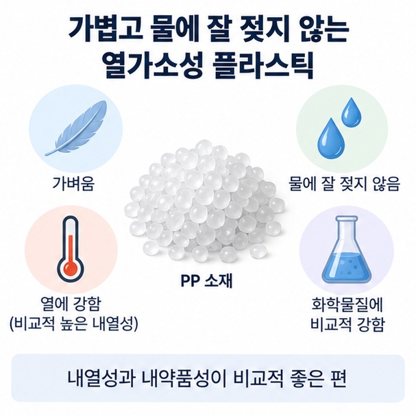 폴리프로필렌의 가벼움, 낮은 수분 흡수, 비교적 높은 내열성과 다양한 가공성을 설명한 이미지
