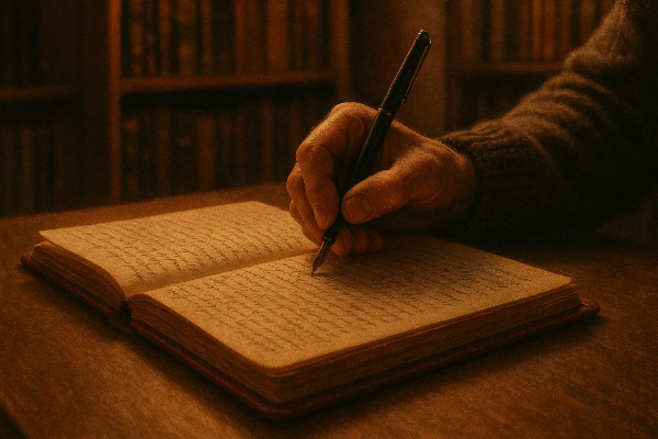 따뜻한 조명 아래 펜으로 일기 쓰는 장면