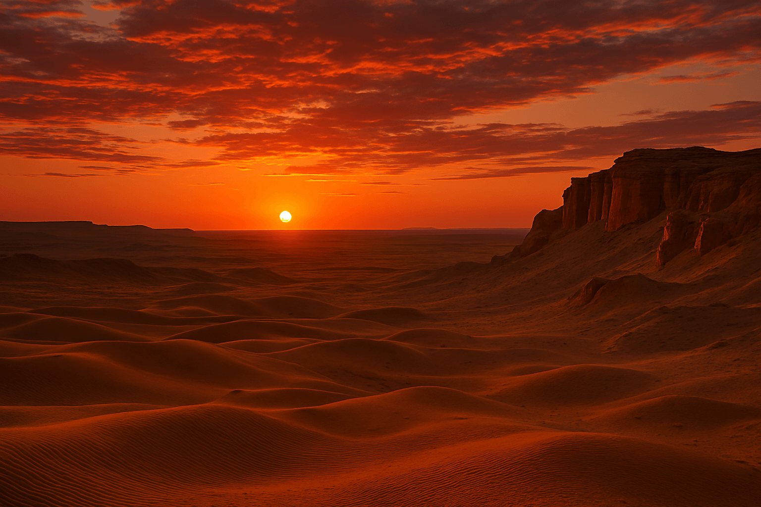 붉게 타오르는 듯한 고비 사막 바위 절벽 아래에서 발견된 고대 유적의 흔적. 몽골여행에서 탐험하는 전설의 흔적이다