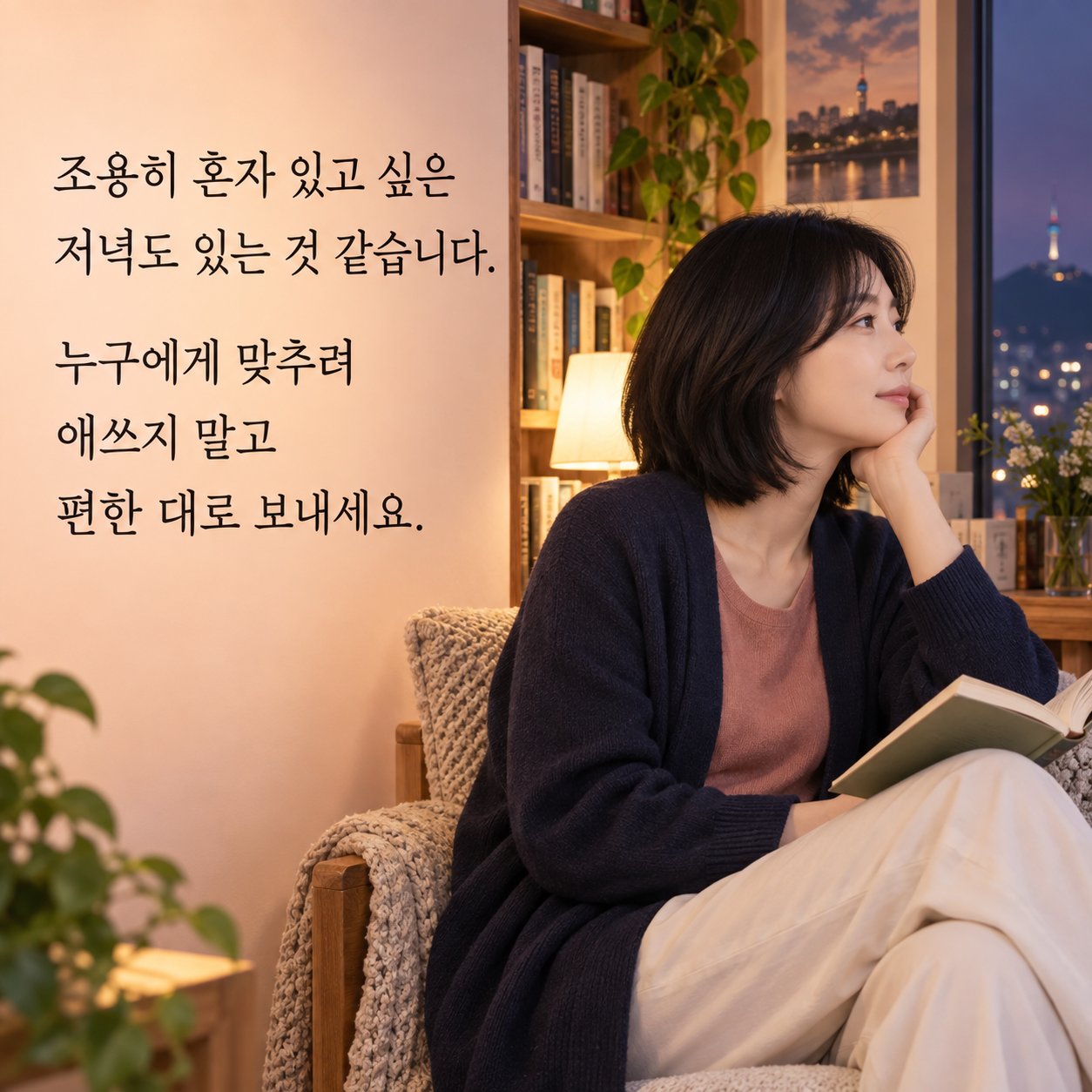 지친 마음을 위로하는 저녁 인사 이미지 24 — 조용히 혼자 있고 싶은 저녁도 있는 것 같습니다. 누구에게 맞추려 애쓰지 말고 편한 대로 보내세요.