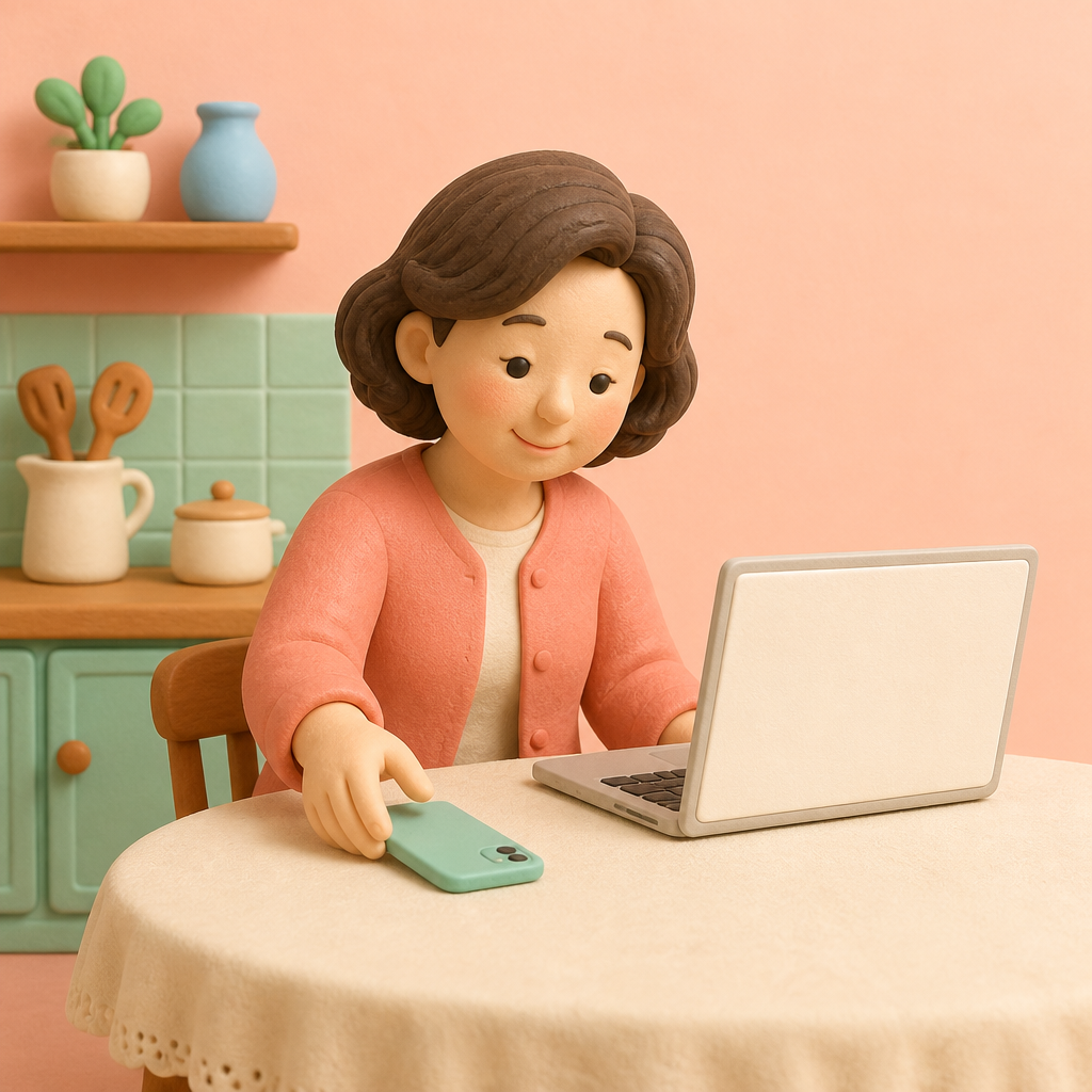 부엌 식탁에서 노트북 옆에 휴대폰을 내려놓는 50대 여성