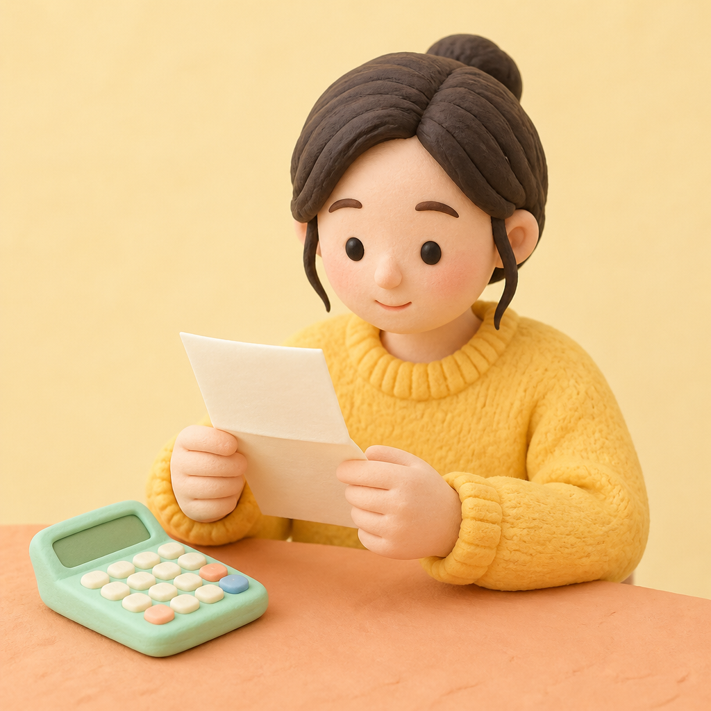 부엌 식탁에서 급여명세서를 계산기로 맞춰 보는 30대 여성