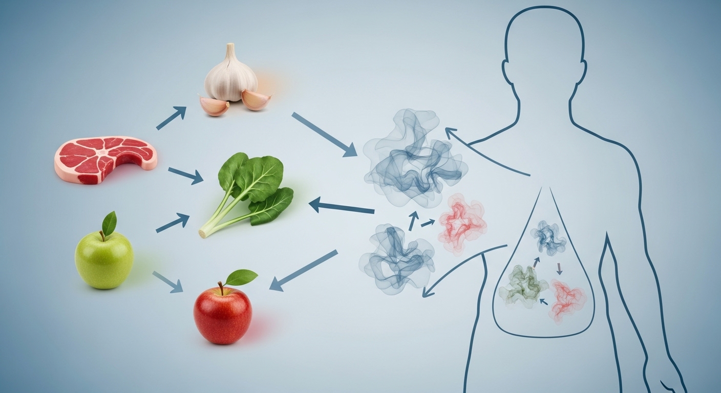 음식물이 인체에 흡수되어 체취 분자로 변하는 과정을 보여주는 과학적 삽화.