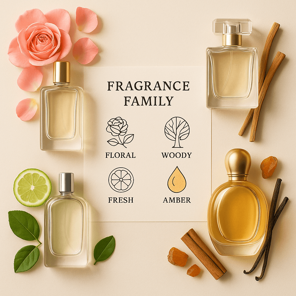 플로럴, 우디, 프레시, 앰버 등 대표 향조를 상징하는 오브제와 무라벨 향수병이 향조 차트 주변에 배치된 플랫레이 이미지 &ndash; 크림색 배경과 자연광의 감성적 스타일