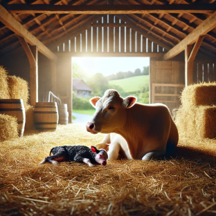 소가 새끼를 낳는 장면을 묘사한 이미지로, 성장과 새로운 시작을 상징합니다.