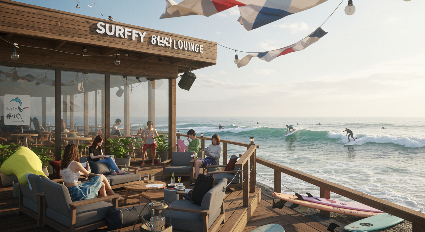 양양 서피비치 라운지 야외 테라스에서 파도를 타는 서퍼들을 바라보는 모습