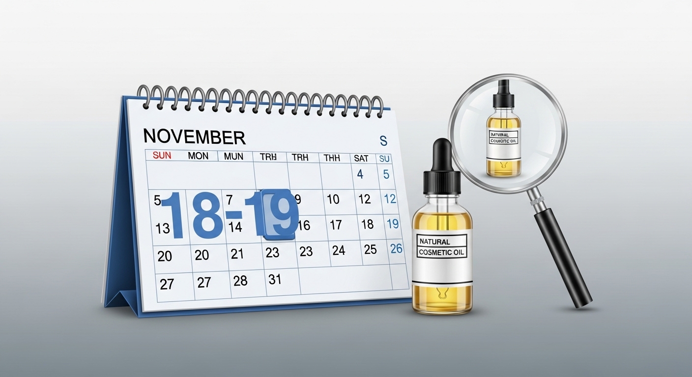 "A clean and minimalist illustration of a calendar displaying November 18-19 highlighted in a professional blue color, next to a small bottle of natural cosmetic oil and a magnifying glass. The overall style should be digital, financial, and modern. Blue and gray color scheme."