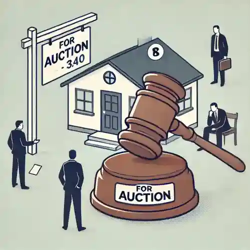 경매 부동산을 살펴보는 투자자들과 판사봉 그림