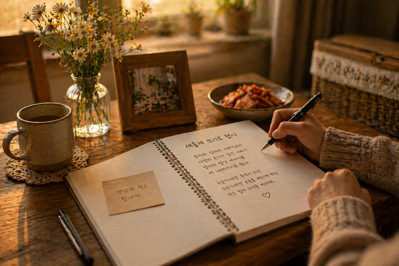 따뜻한 햇살이 비치는 책상 위에서 노트를 펼치고 집밥 이야기를 새롭게 써 내려가는 손과 머그잔, 꽃병이 놓인 감성적인 장면