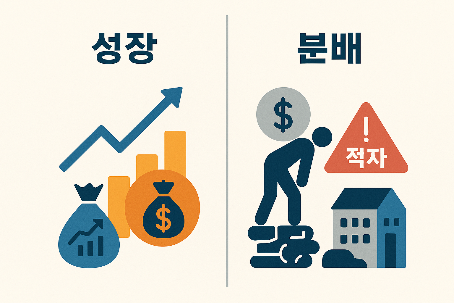 경제정책 변화의 장점과 단점을 상징적으로 보여주는 그래프와 아이콘 일러스트