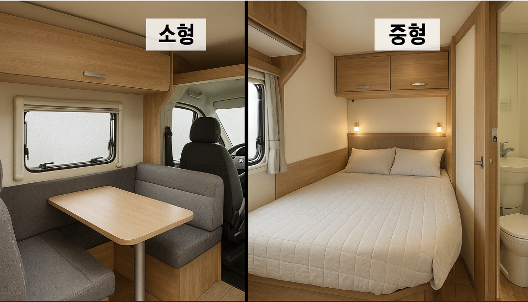 캠핑카 내부 비교 – 소형은 테이블 중심, 중형은 침대·화장실 구역