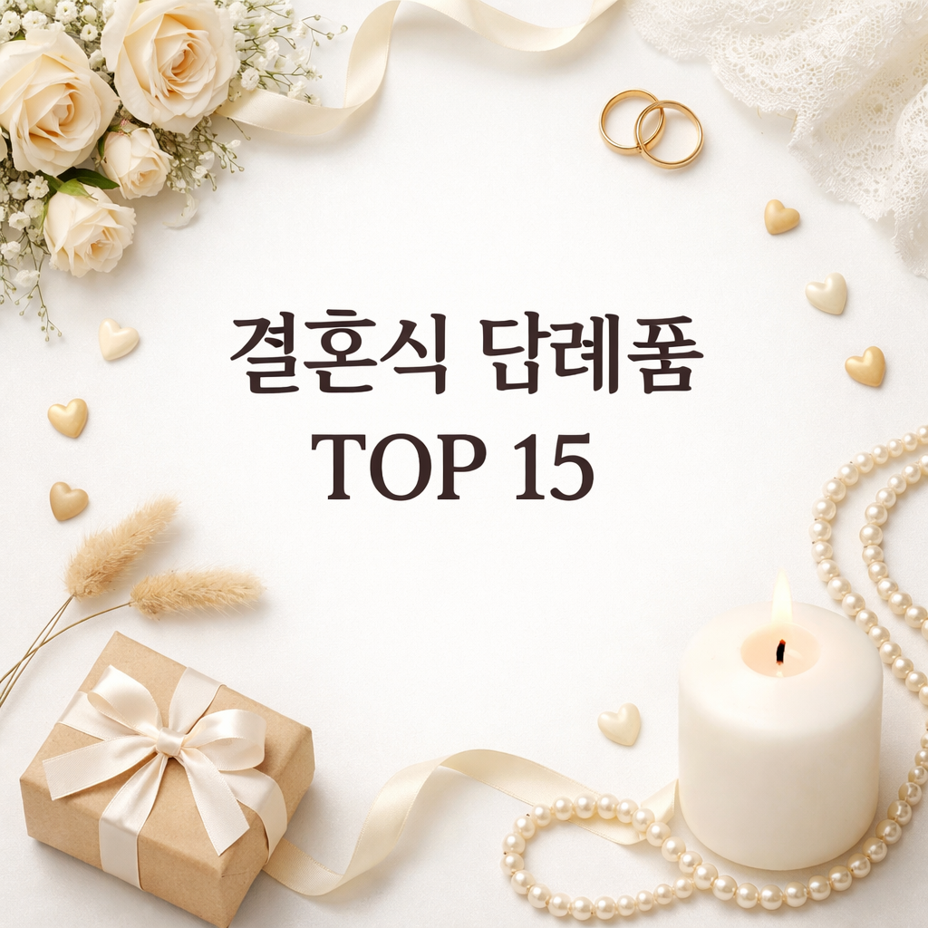 아이보리 톤 배경 위에 &lsquo;결혼식 답례품 TOP 15&rsquo;라는 문구가 중앙에 크게 배치되어 있으며, 주변에는 장미꽃, 반지, 리본이 묶인 선물 상자, 진주 목걸이, 촛불 등 웨딩 분위기의 소품들이 부드럽게 배치된 정사각형 이미지