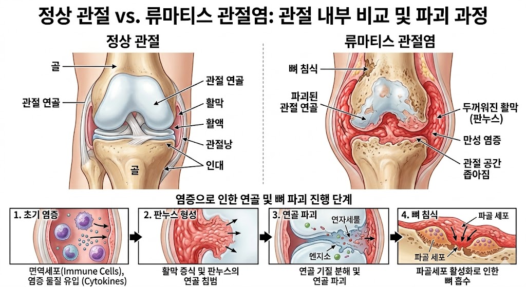 류마티스 관절염 관절 파괴 및 뼈 침식 과정 시각화 이미지