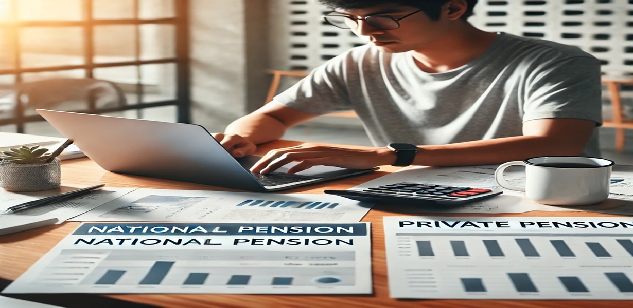 "은퇴 자금을 계획하는 청년이 노트북과 금융 서류를 앞에 두고 재무 계획을 세우는 모습"