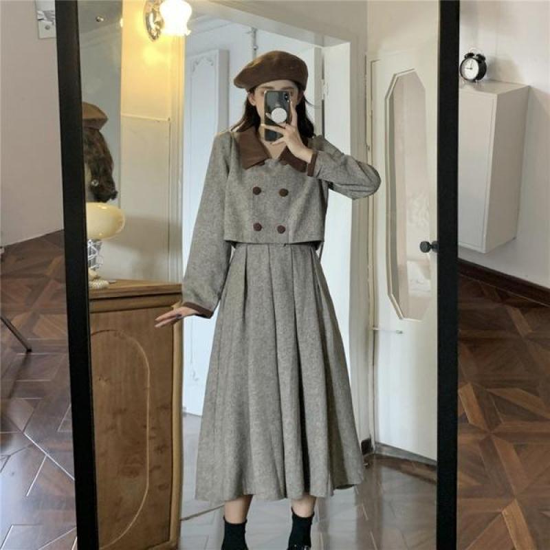 레트로 20대 여성 투피스 상하의 세트 정장 가을 겨울 30대 스커트 치마 심플 스커트