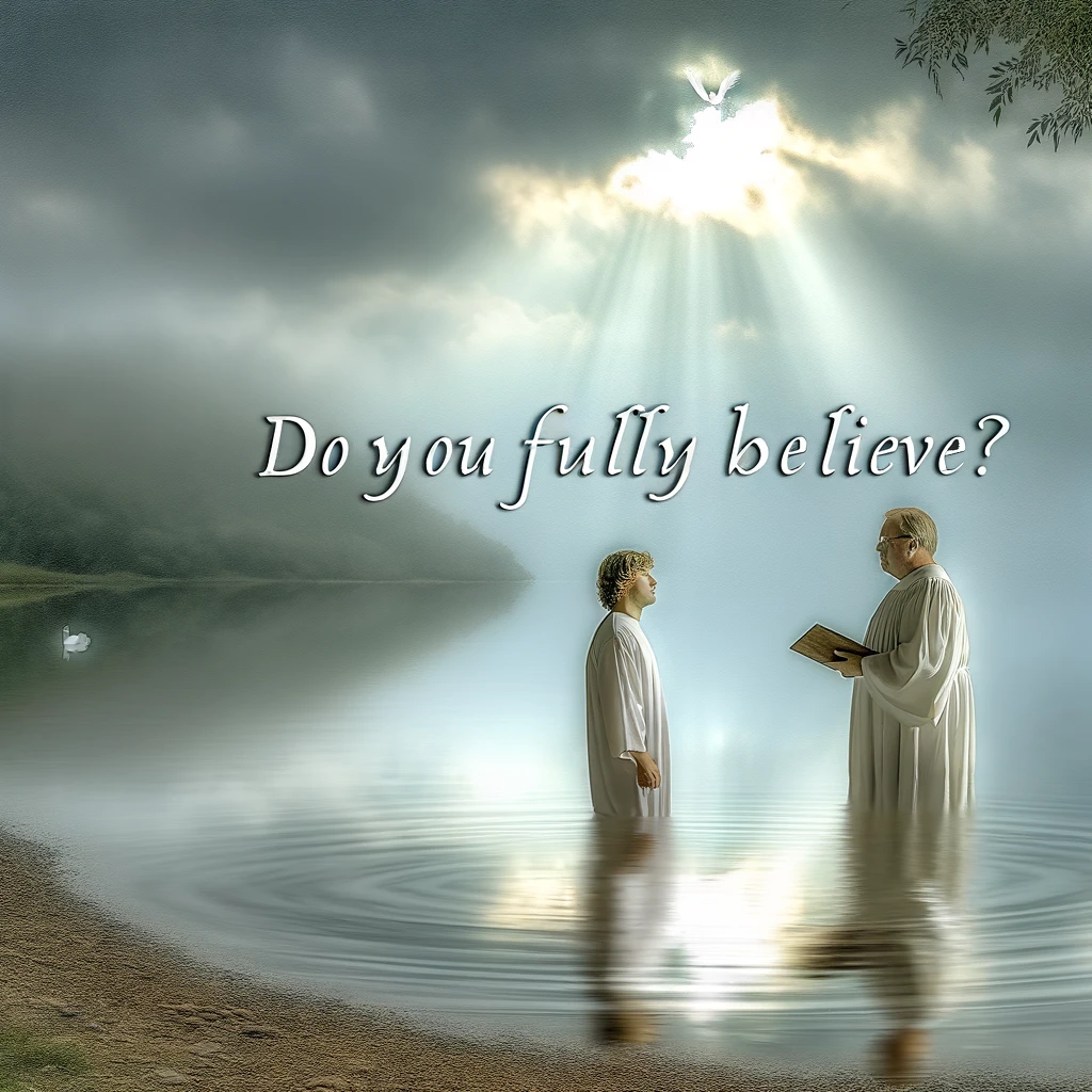 The images above depict the solemn and reflective moment before receiving baptism, centered around the profound question, "Do you fully believe?" They capture the serene setting and the significant exchange between the spiritual leader and the individual, emphasizing faith and the commitment to a spiritual journey.