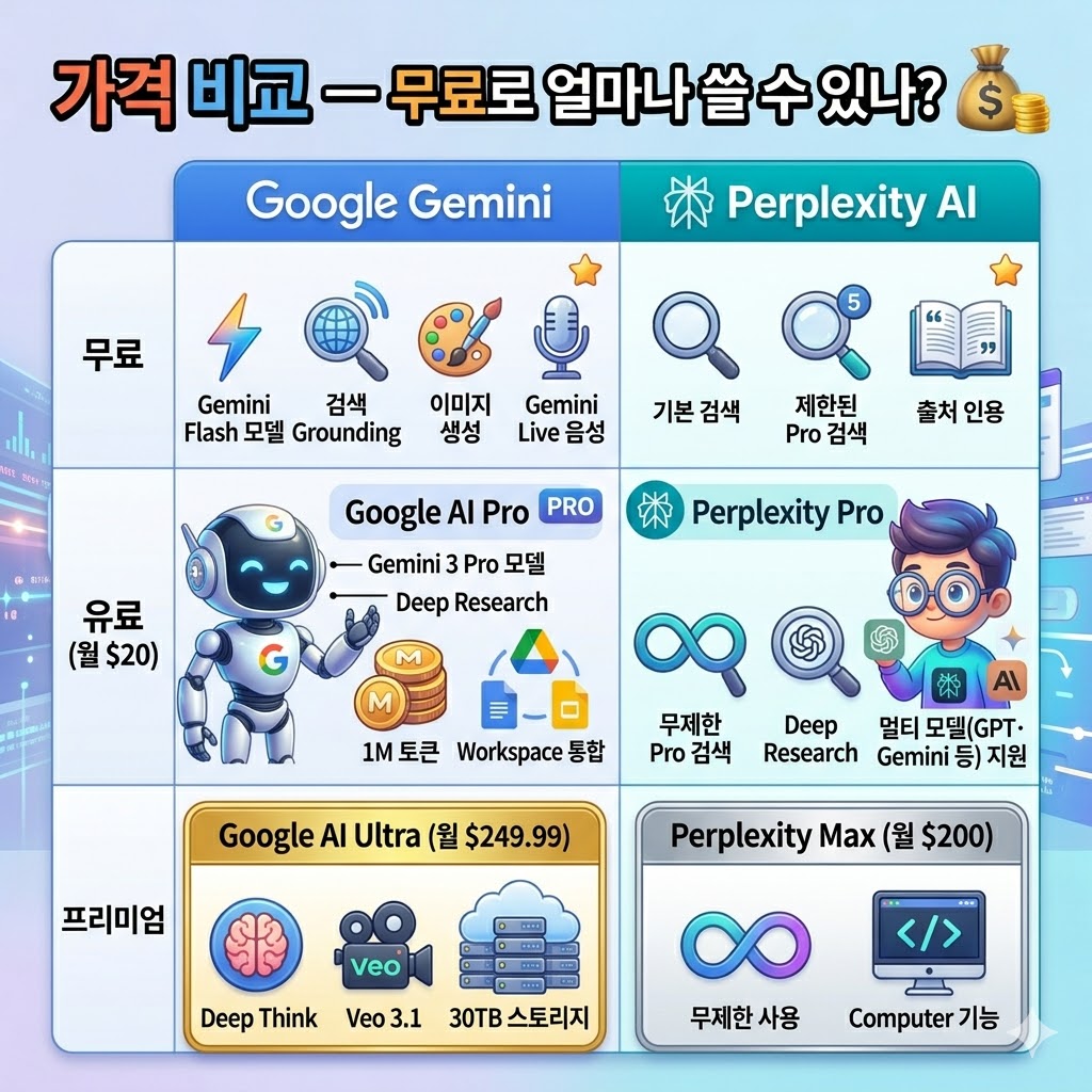 가격 비교 - 무료로 얼마나 쓸 수 있나? (Gemini vs Perplexity)