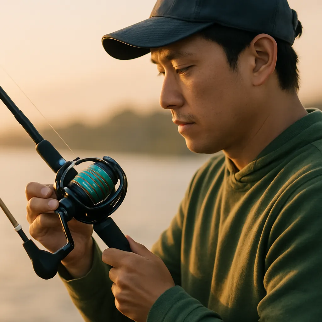 합사줄이 감긴 릴을 점검하는 낚시 장면