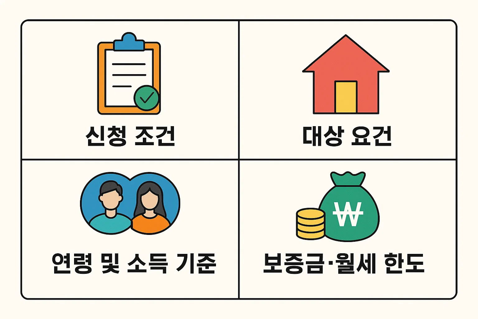 월세보증금 대출의 신청조건, 대상요건, 연령 및 소득 기준, 보증금·월세 한도를 정리한 인포그래픽. 2025년 대출 신청 전 필수 확인사항을 시각적으로 제공합니다.