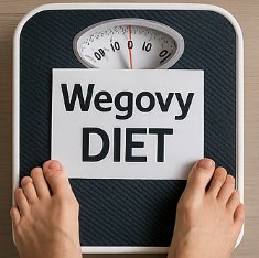 Wegovy 다이어트 글자가 적힌 체중계 위에 올라선 발