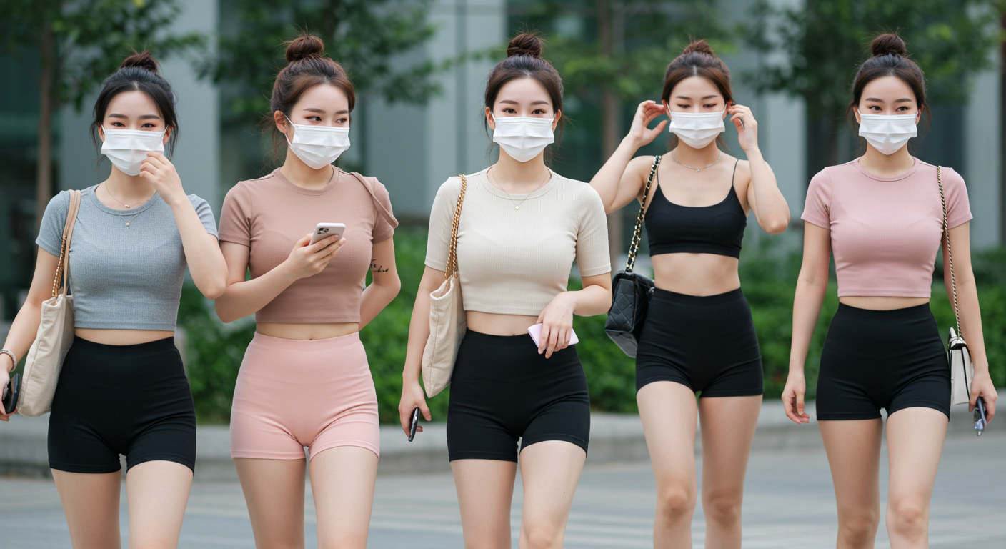 마스크를 쓰고 걸어가는 여인들.