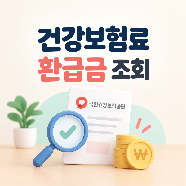 건강보험료 환급금 조회를 돋보기와 환급금 동전으로 표현한 이미지