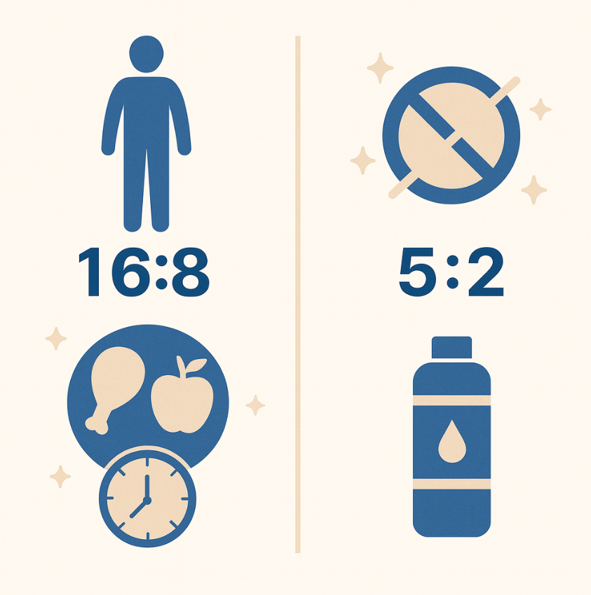 간헐적 단식 16:8 vs 5:2 방식의 비교 일러스트