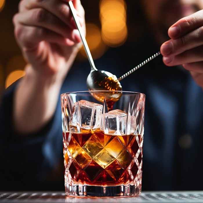믹싱 글라스에서 위스키와 베르무트를 부드럽게 저어 섞는 롭 로이 제조 과정