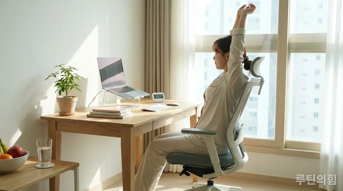 한국 학생이 규칙적인 루틴에 따라 공부하며 휴식을 취하는 모습