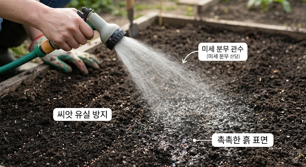 텃밭의 무 씨앗이 유실되지 않도록 정성스럽게 흩뿌리는 방식으로 관수하는 장면