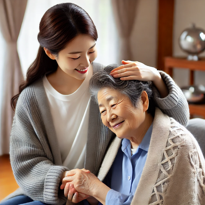 요양보호사가 담요를 덮어주는 다정한 장면