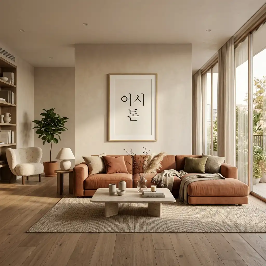 2026년 인테리어 트렌드인 베이지와 테라코타 색상이 자연스럽게 어우러진 따뜻한 어시 톤 거실 디자인 사례입니다.