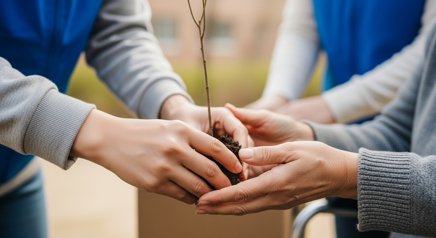 젊은 한국인이 봉사활동에 참여하여 나무를 심거나 물건을 정리하는 등 적극적으로 돕는 모습. 역동적인 손동작으로 봉사의 열정을 표현.
