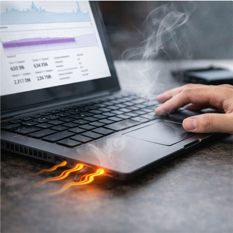 책상 위에서 노트북을 사용하며 발열로 인해 팬 소리가 커진 상태를 확인하는 장면