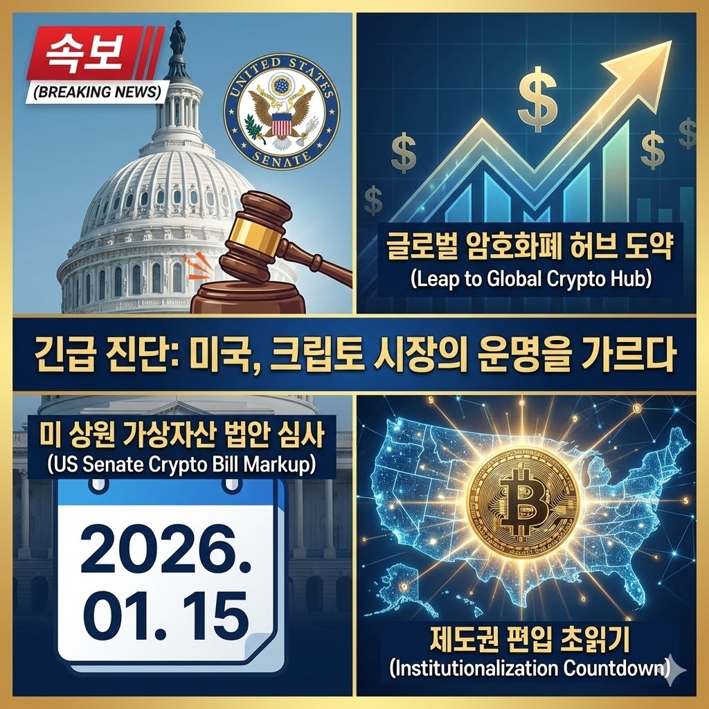 미 상원 은행위원회의 1월 15일 가상자산 규제 법안 심사 일정 확정 소식과 미국을 글로벌 코인 허브로 만들겠다는 비전을 요약한 1:1 비율의 정보성 블로그 썸네일 이미지