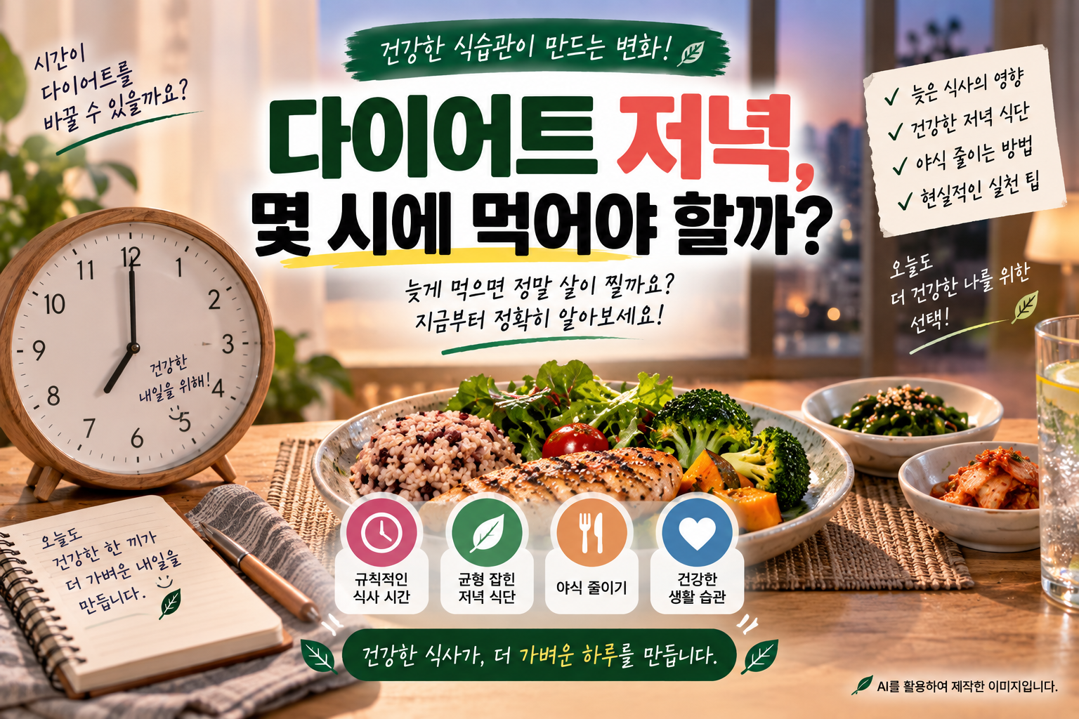 다이어트 저녁 식사 시간과 늦은 식사의 영향을 설명하는 이미지