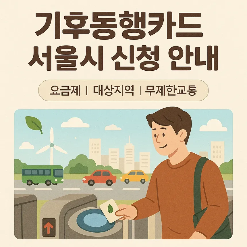 서울 지하철역에서 기후동행카드를 사용하는 시민과 푸른 하늘 배경