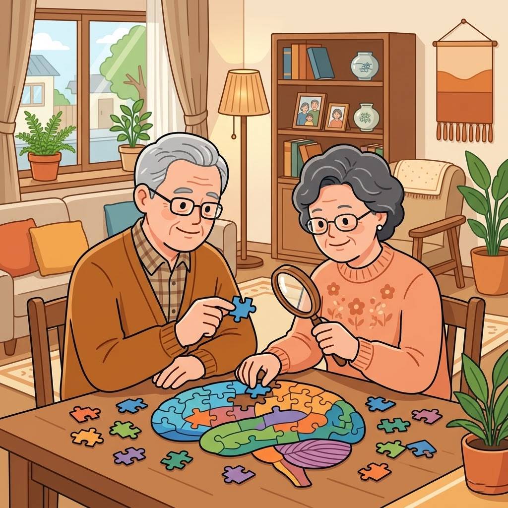 돋보기를 들고 뇌 모양의 퍼즐 조각을 신중하게 맞추는 한국인 노년 부부